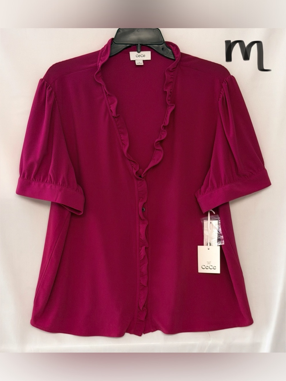 CeCe Ruffle-Trim Button Front Blouse - Fuchsia
